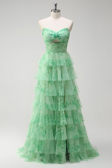 Green A-Line Strapless Floral Flower Ruffles Long Formal Dress with Slit